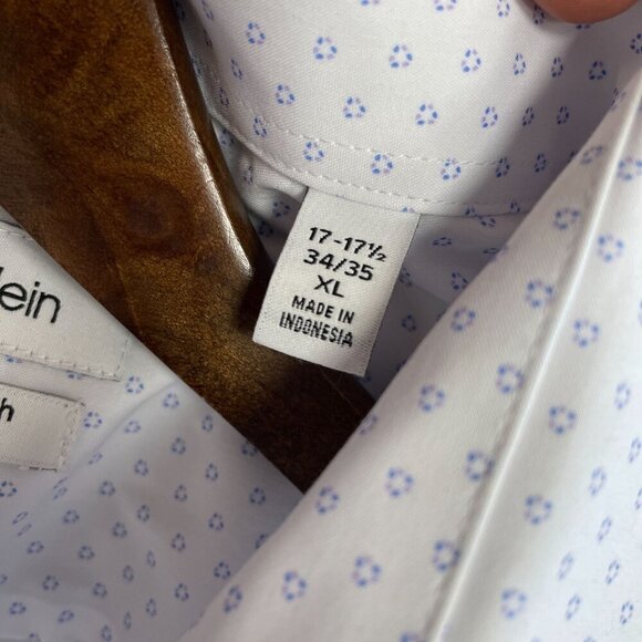 NWOT Calvin Klein Men's XL Wrinkle Free Fresh Dress Shirt White & Blue Pattern - Picture 4 of 7